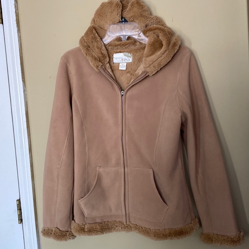 Tan microfiber hooded zi up jacket